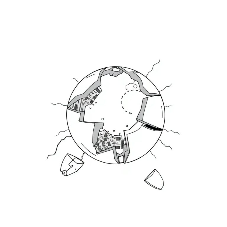 A shattered globe with digital circuits and AI algorithms intertwined within the broken pieces