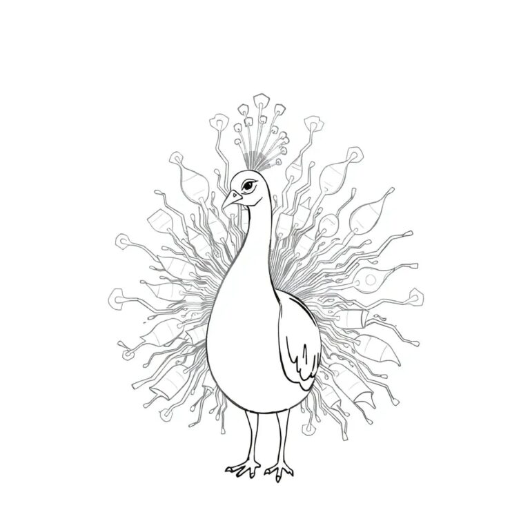 A holographic peacock with feathers made of interconnected circuits and legal parchment scrolls