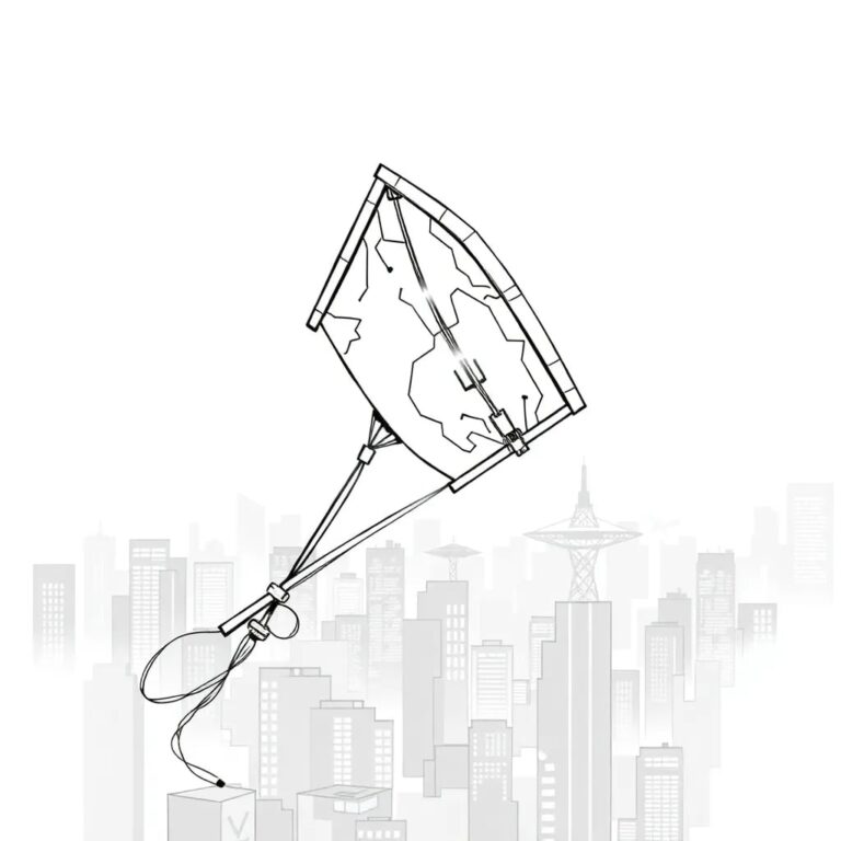 A digital kite with a bamboo frame and a silk sail adorned with intricate circuits and LED lights, flying against a backdrop of a futuristic cityscape