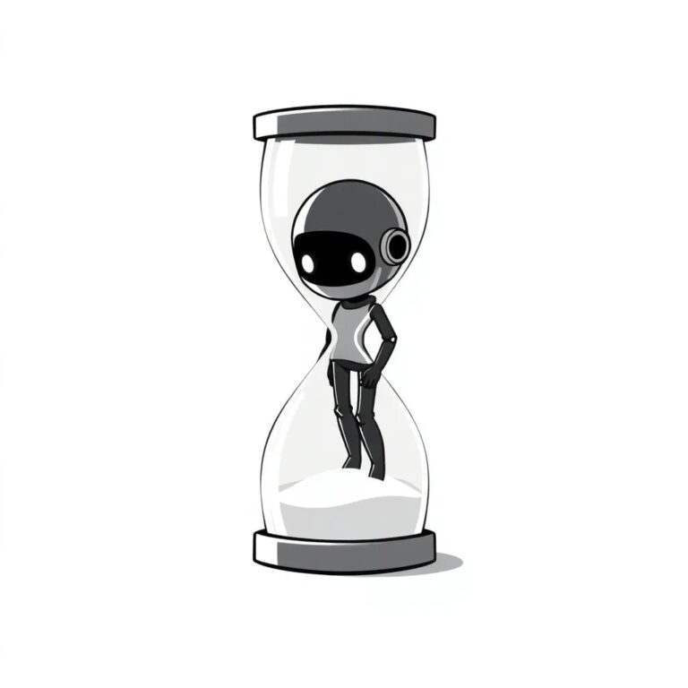 A digital hourglass with a glowing, ever-shifting AI avatar trapped within its sands