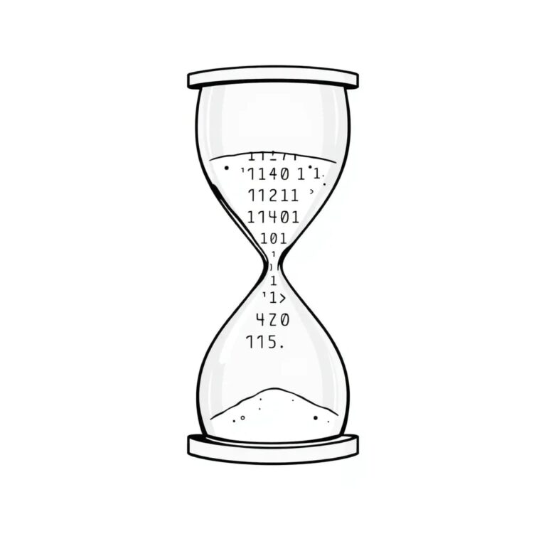 A transparent hourglass filled with binary code instead of sand