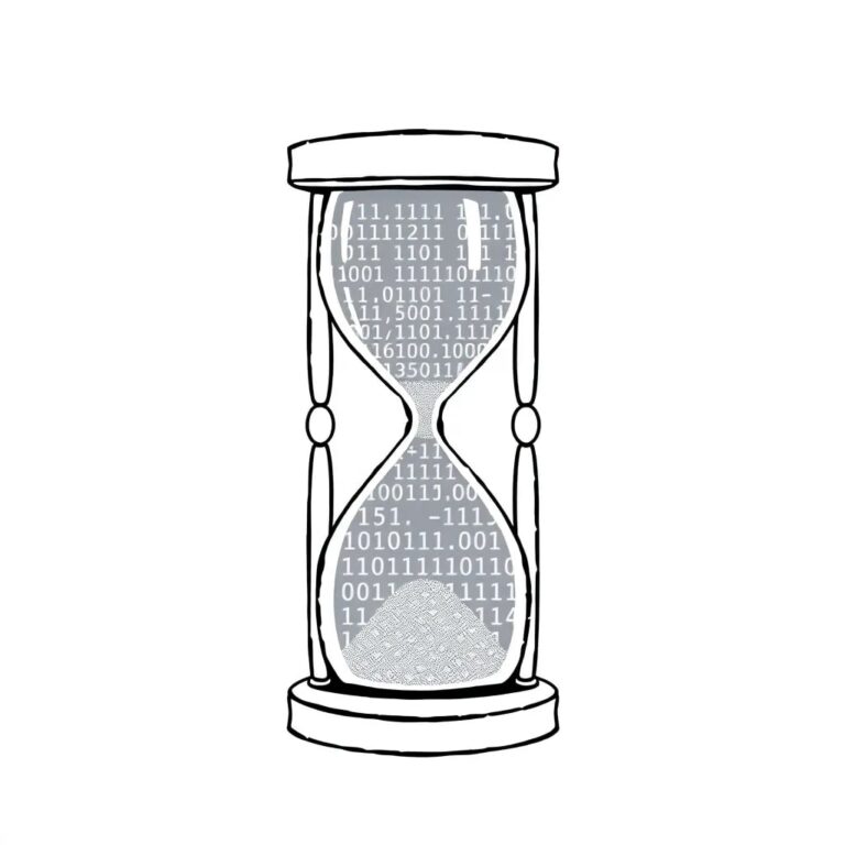A digital hourglass filled with glowing binary code
