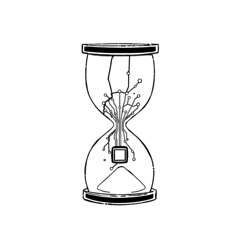 A shattered digital hourglass with AI circuitry exposed