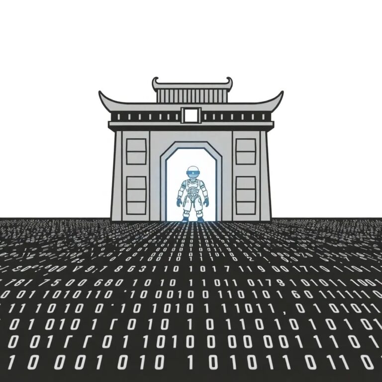 A digital fortress with a glowing AI sentinel standing guard at its entrance, surrounded by a field of ever-changing binary code.