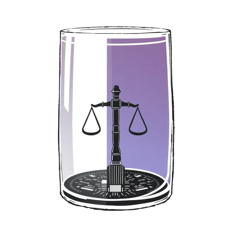 A glass prism with a digital circuit board embedded within, refracting light into a spectrum of colors that form the silhouette of a gavel and scales when viewed from a specific angle.