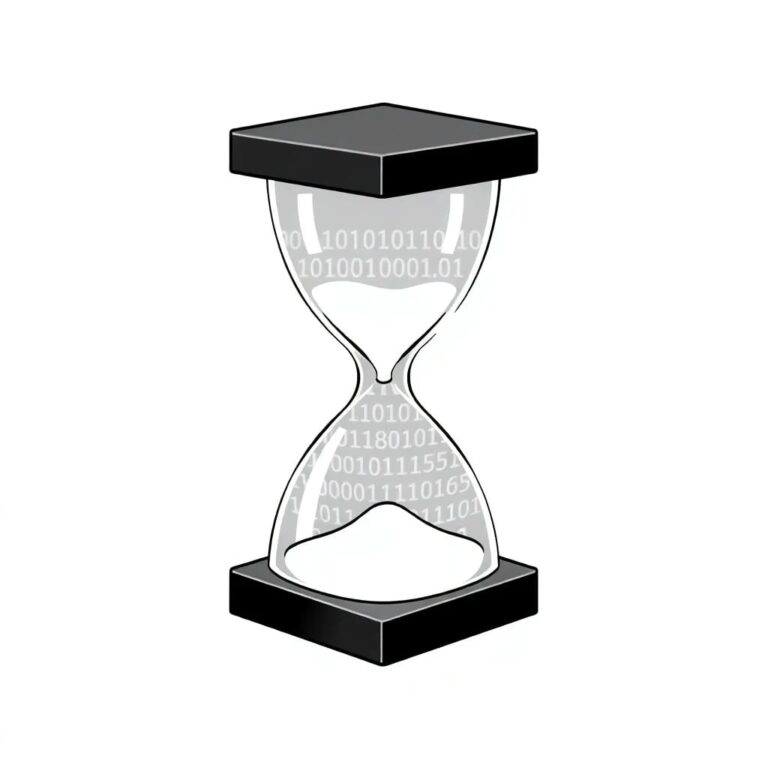 A digital hourglass filled with binary code and glowing with a pulsating light, where the sand represents the flow of data and the hourglass's base is a transparent AI processor.