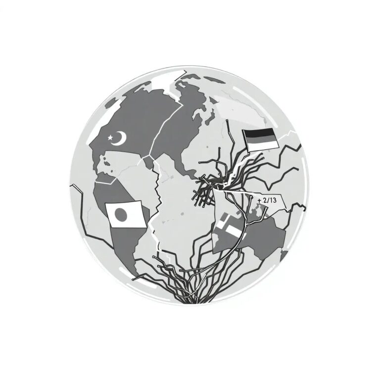 A shattered glass globe with digital circuits embedded within, held together by a web of international flags and AI neural networks