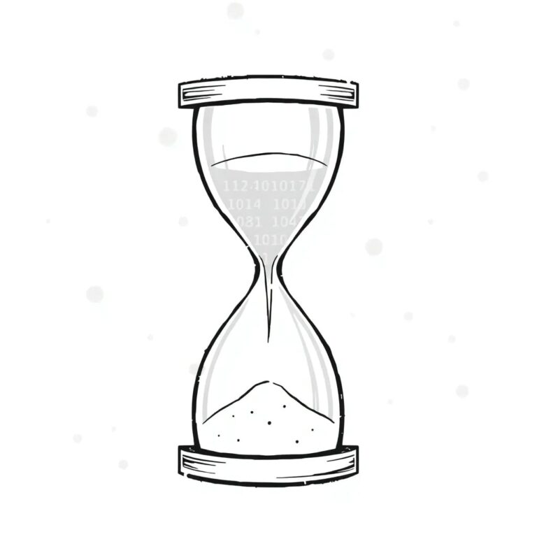 A digital hourglass with flowing binary code instead of sand