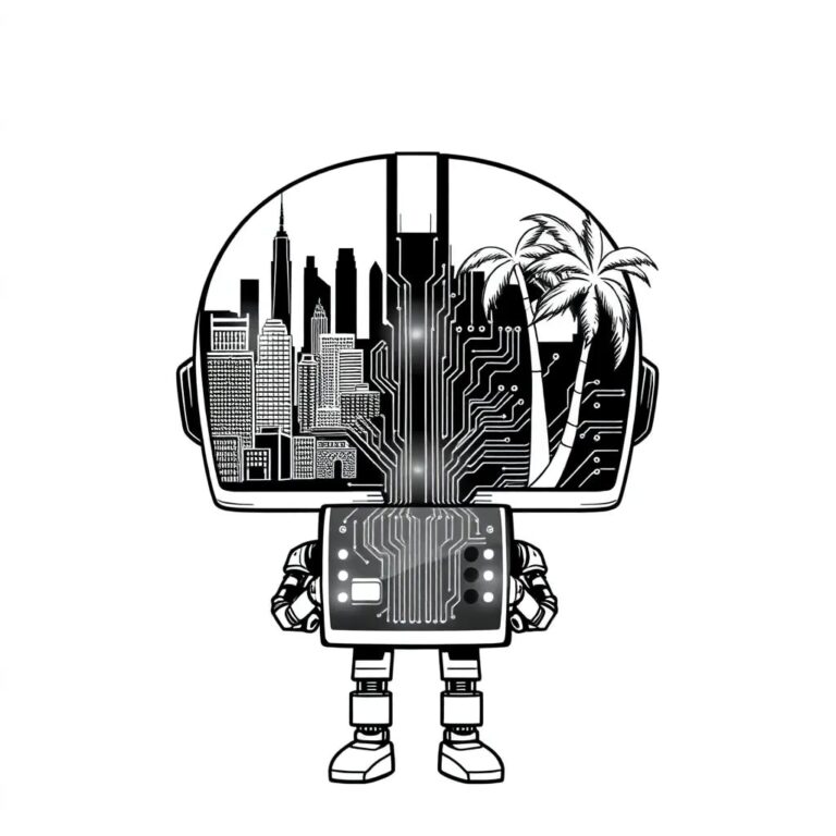 A dual-headed AI robot, one side representing New York's skyline and the other California's palm trees, both holding a glowing circuit board with intertwined code.