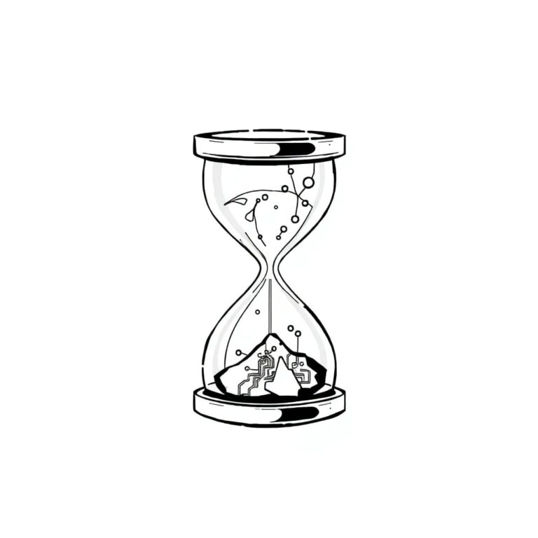 A shattered digital hourglass with AI circuitry exposed