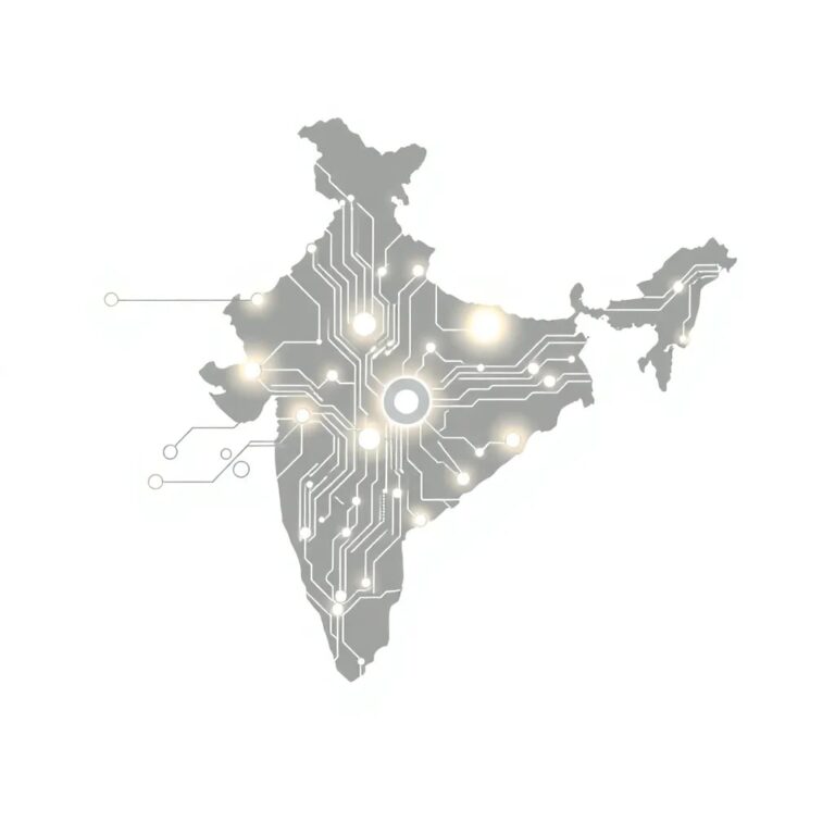 A intricately designed, digital circuit board shaped like the map of India, with glowing nodes representing AI hubs and interconnected pathways symbolizing global collaboration.