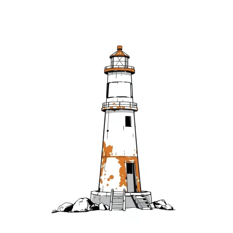 A rusted, abandoned lighthouse with a flickering, outdated beacon