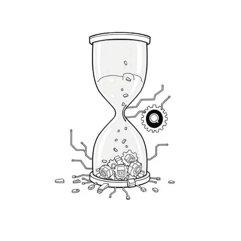 A shattered digital hourglass with AI circuitry spilling out, half filled with glowing data pixels and the other half with dark, ominous surveillance cogs.