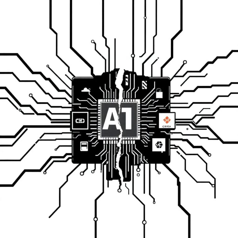 A fractured, yet interconnected, digital circuit board with AI microchips and corporate logos embedded within, where some sections are illuminated while others are dark and malfunctioning.