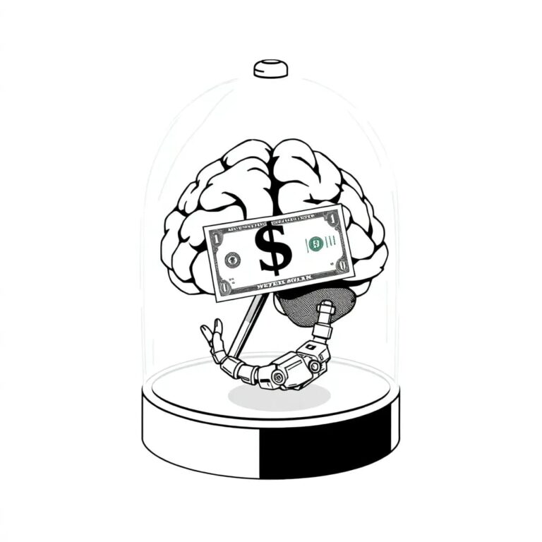 A futuristic, transparent AI brain encased in a glass dome, with a dollar bill gently floating inside and a small, intricate mechanical hand reaching out to grasp it.
