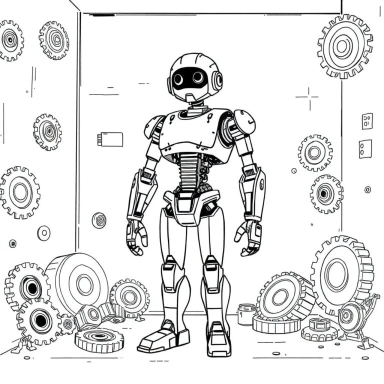 A futuristic, half-assembled robot standing in a room filled with outdated, rusted gears and cogs
