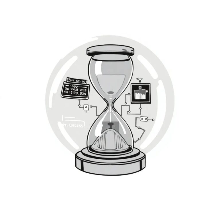 A globe-shaped hourglass with digital readouts and AI circuitry visible through a transparent casing