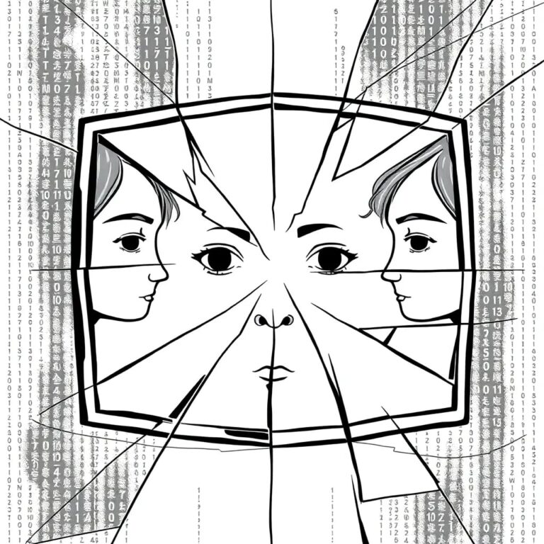 A shattered digital mirror reflecting a kaleidoscope of fragmented faces and encrypted code