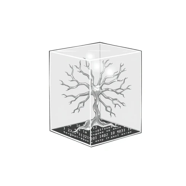 A glass neuron filled with liquid code, pulsating with light, encased in a transparent cube with shifting, algorithmic patterns on its surface.