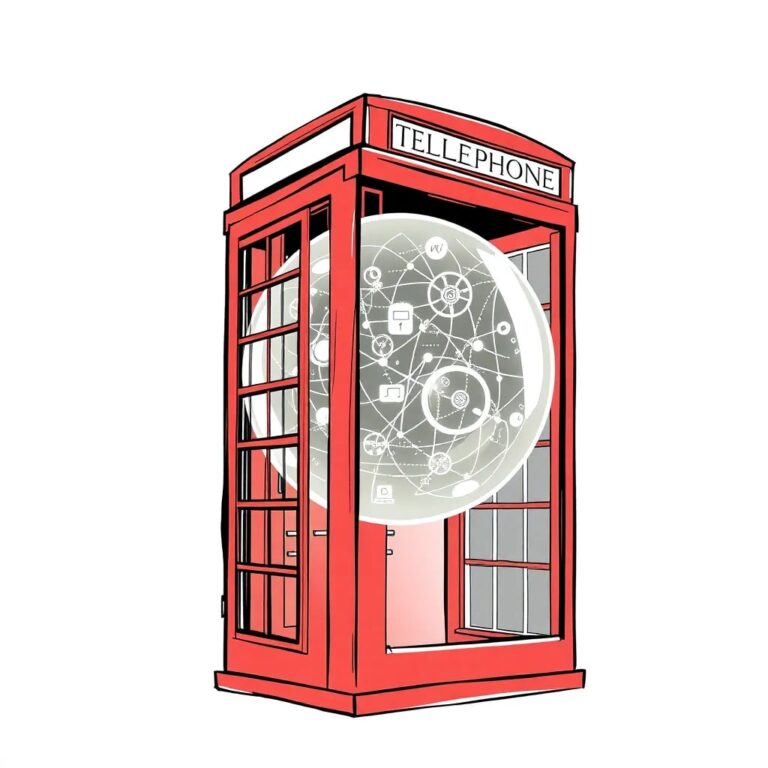A futuristic, transparent glass orb filled with swirling, luminescent algorithms, encased in a traditional British red telephone box.