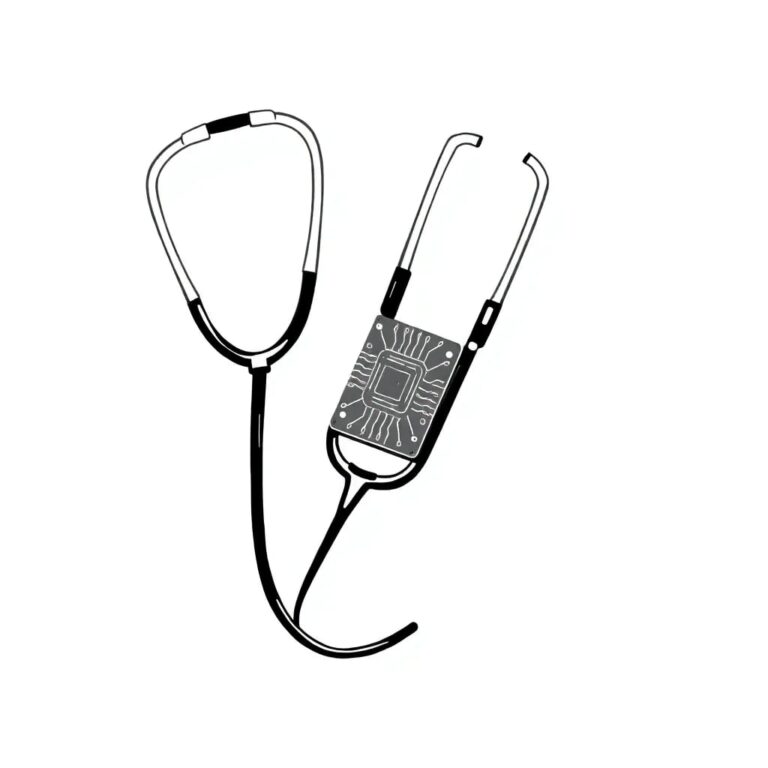 A shattered digital stethoscope with a glowing AI circuit board inside