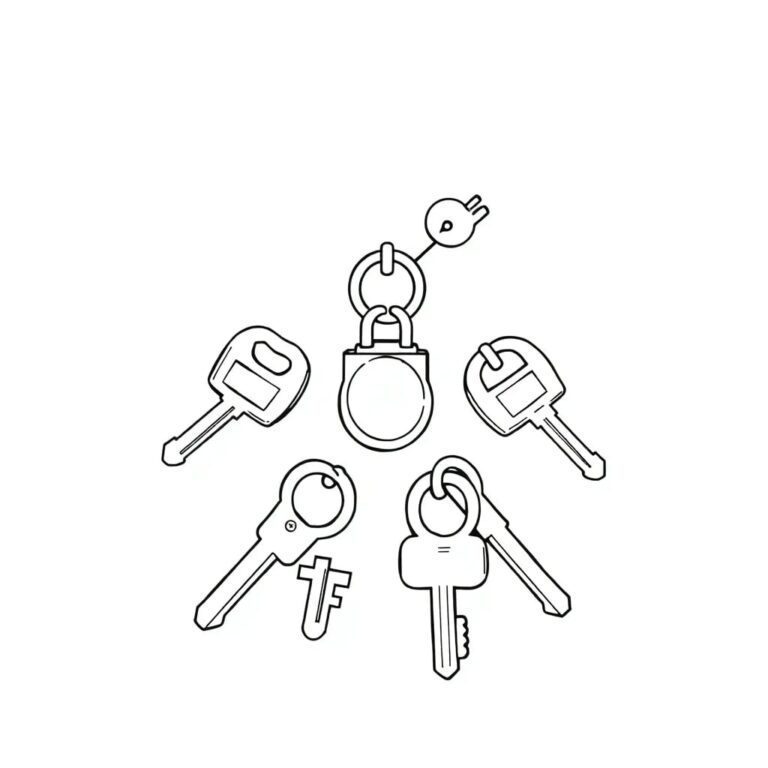 A digital keychain with interlocking keys, each key representing a different AI tool or agent, and a central key that glows when all keys are connected, symbolizing unified governance.