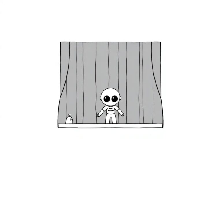 A futuristic, AI-controlled puppet theater with strings that transform into digital code as they move