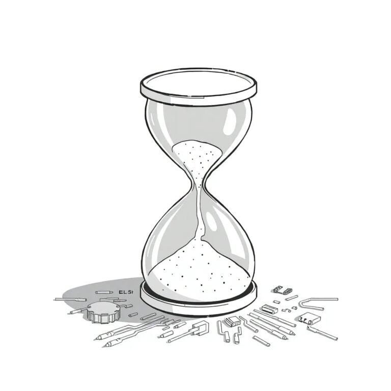 A shattered digital hourglass with silicon sand spilling out onto a circuit board
