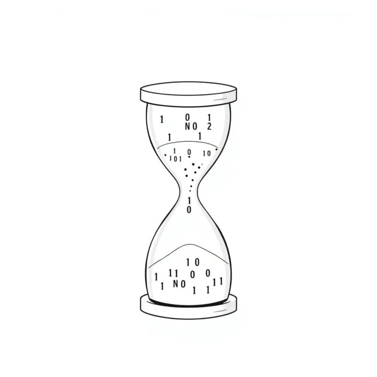A digital hourglass with flowing binary code instead of sand