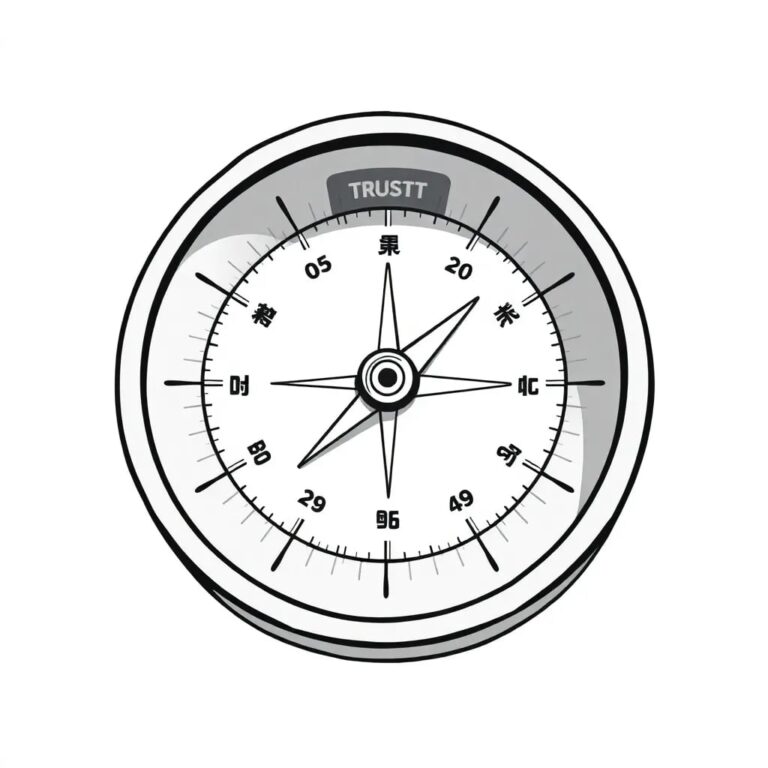 A mechanical compass with a digital display that shows fluctuating trust scores as the needle points in different directions.