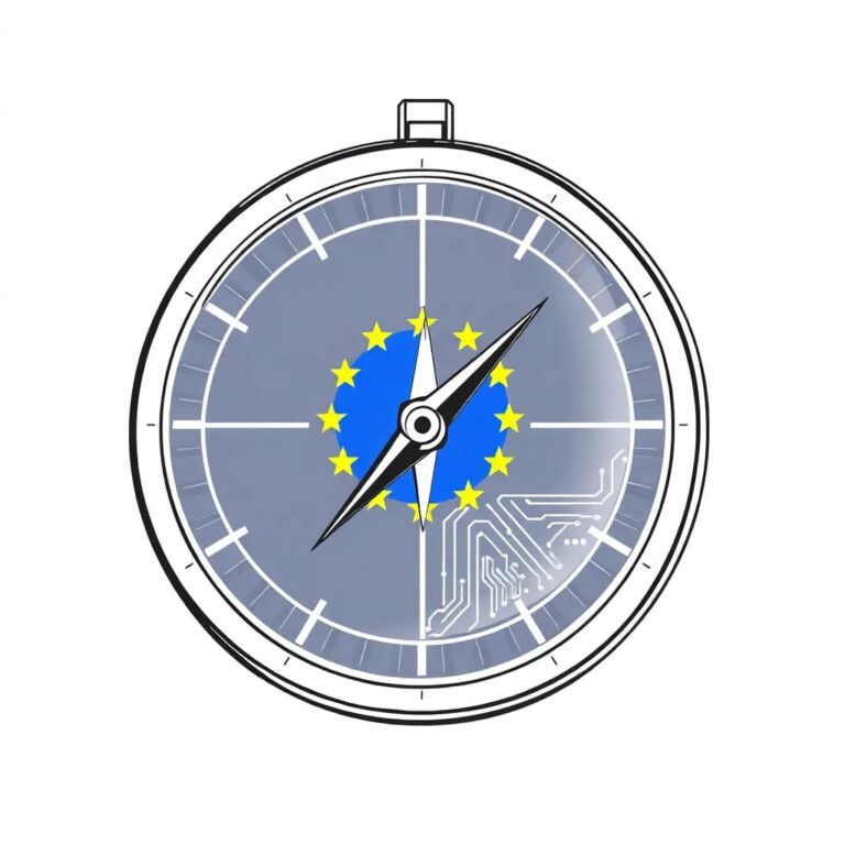 A digital compass with a spinning EU flag and a glowing AI circuit board as the needle