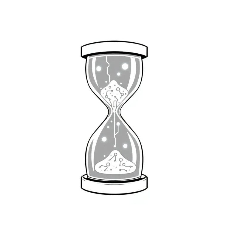 A digital hourglass with glowing AI circuits flowing through it