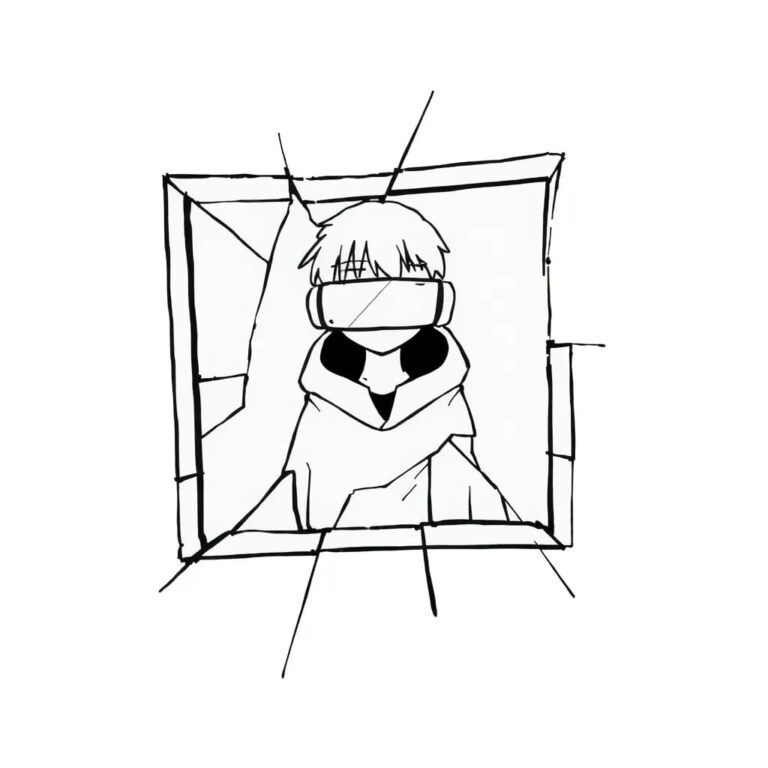 A shattered mirror reflecting a digital avatar