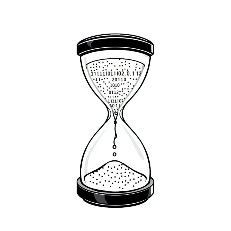 A digital hourglass with flowing binary code instead of sand
