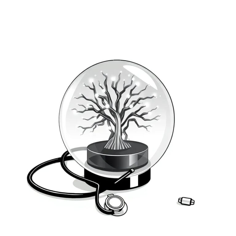 A futuristic, transparent AI neural network model encased in a glass orb, with pulsating lights representing data flow, and a stethoscope wrapped around it.