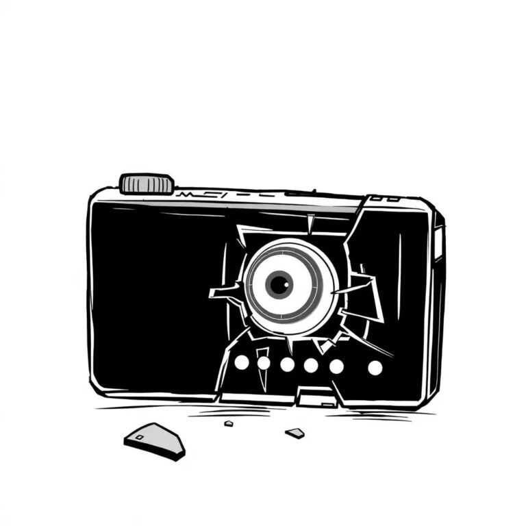 A shattered digital voice recorder with a glowing, pulsating eye lens