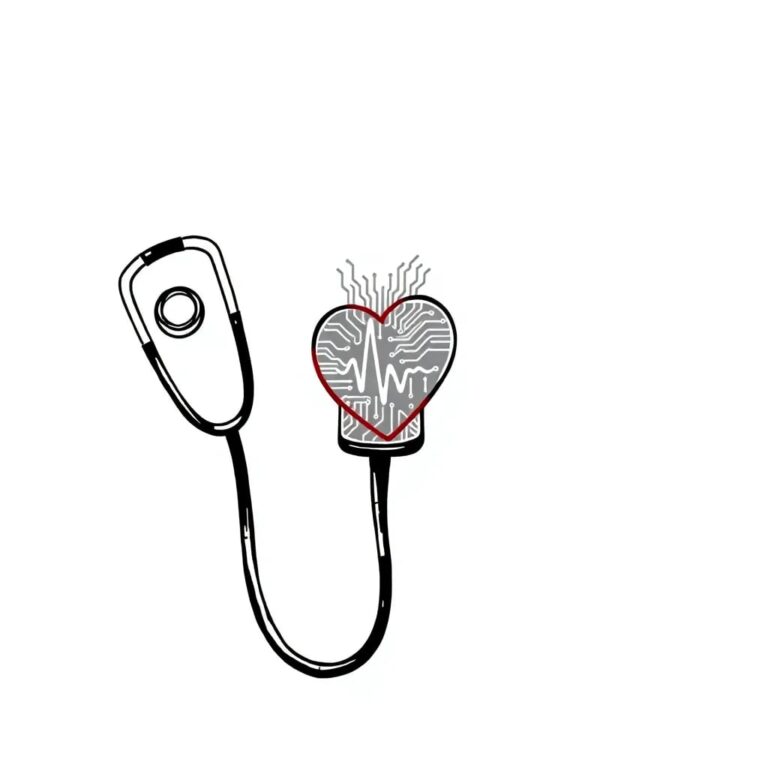 A stethoscope with a digital display showing a circuit board pattern that morphs into a human heartbeat.