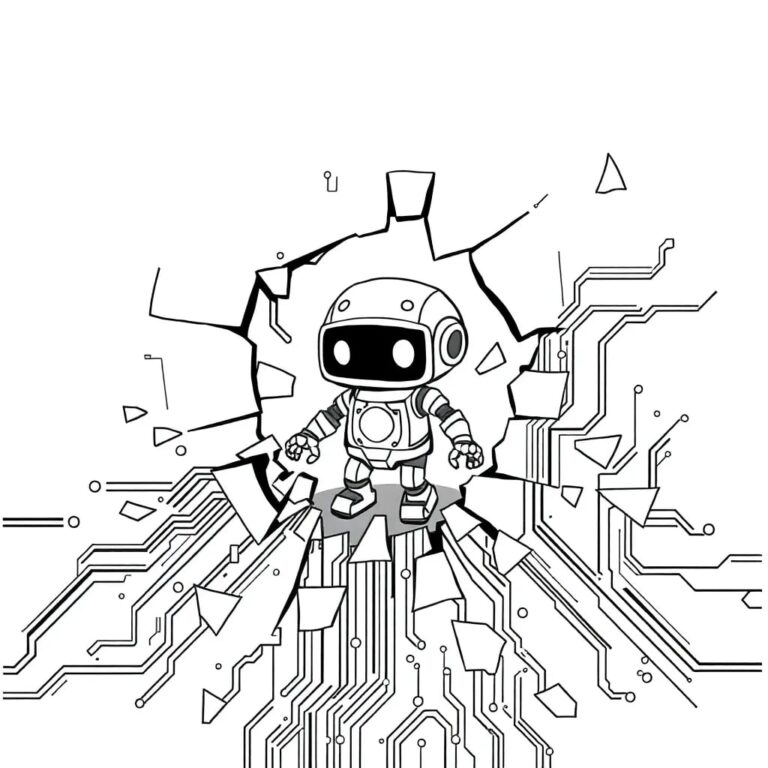 A shattered glass circuit board with a small, rebellious AI robot emerging from the fragments