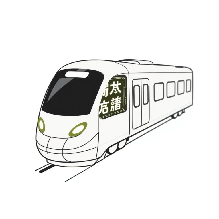 A high-speed train model with a built-in, glowing circuit board that displays traditional Chinese characters representing key AI regulations.