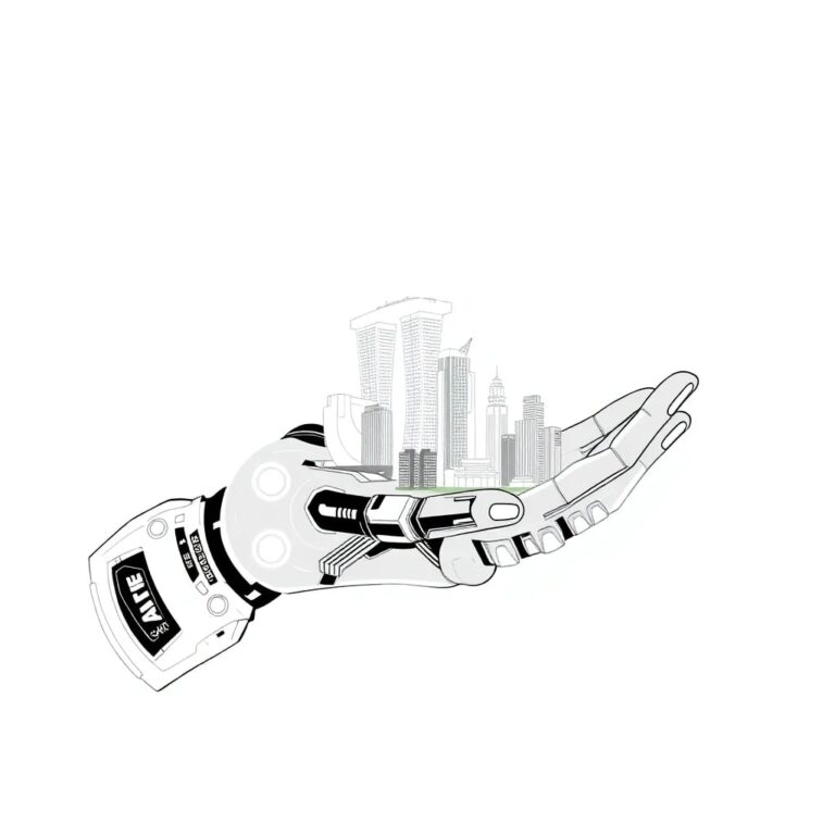 A futuristic, transparent AI-driven exoskeleton glove with glowing circuits, holding a miniature, high-tech cityscape of Singapore