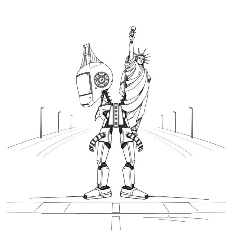 A futuristic, dual-headed AI robot statue, one head adorned with a Golden Gate Bridge and the other with the Statue of Liberty, standing at a crossroads with digital pathways leading in multiple directions.
