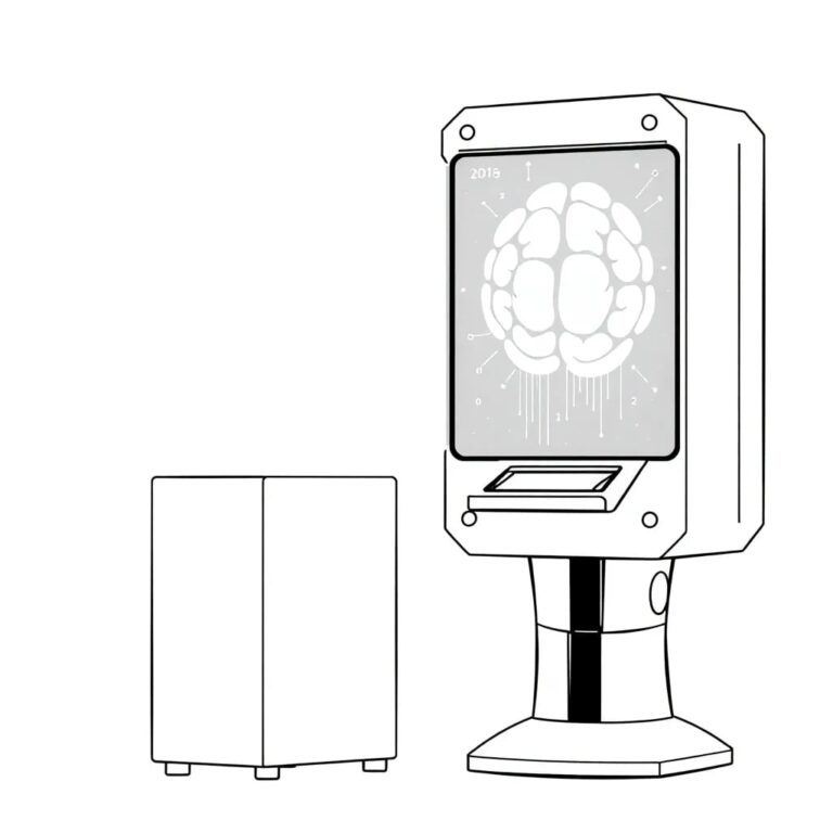 A robotic voting booth with a transparent AI brain panel displaying fluctuating code and algorithms