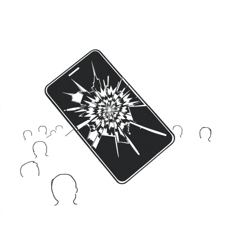 A shattered, glowing smartphone screen displaying a fractal pattern that morphs into a digital crowd