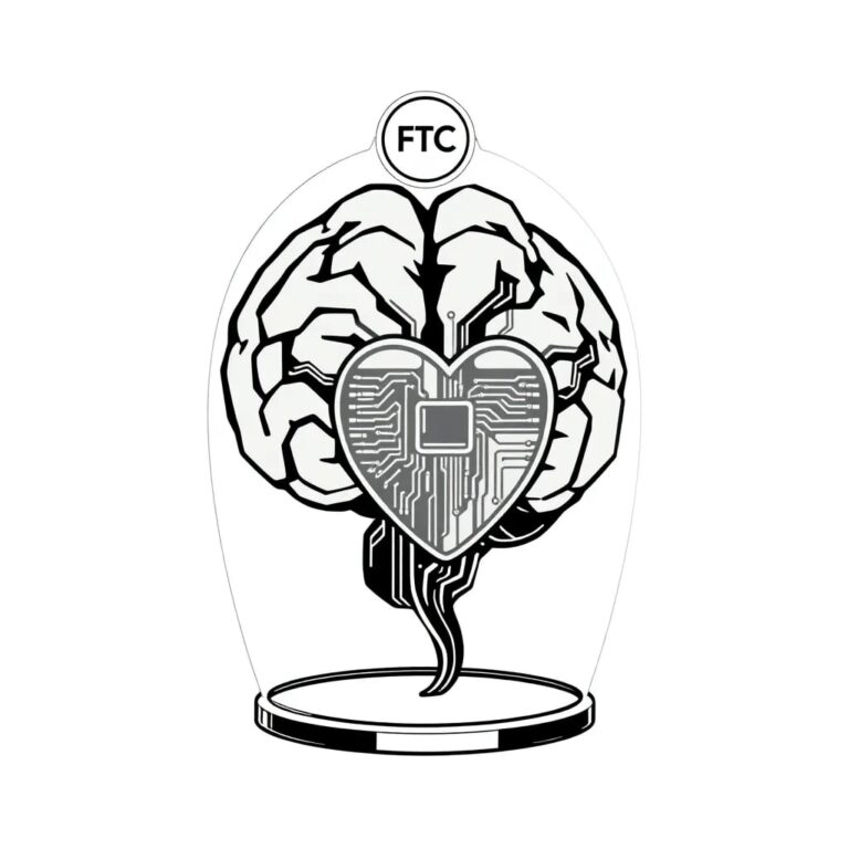 A futuristic, transparent AI brain with a digital circuit board heart, encased in a glass dome with a small, glowing FTC emblem hovering above it.