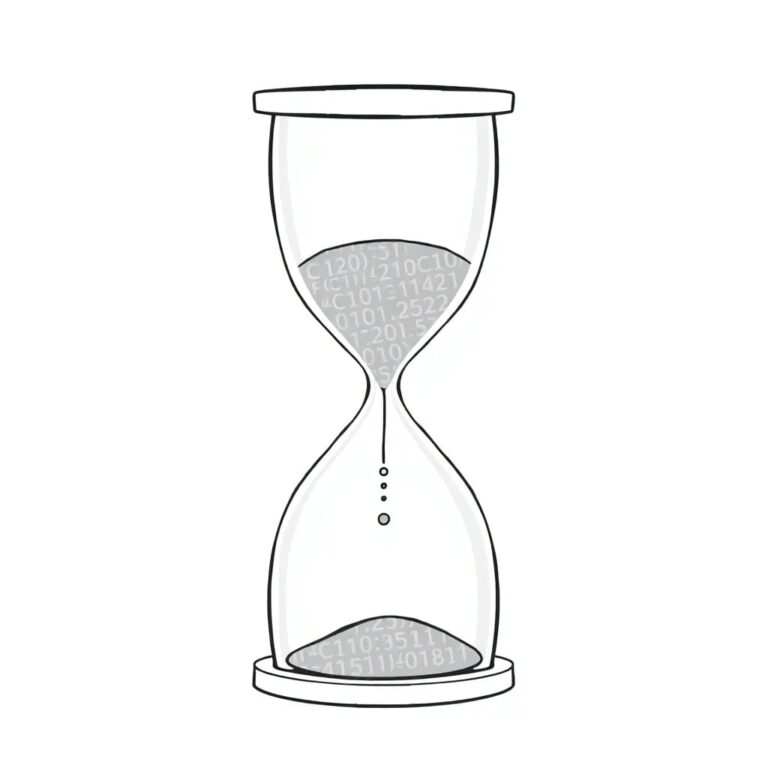 A digital hourglass with flowing lines of code instead of sand