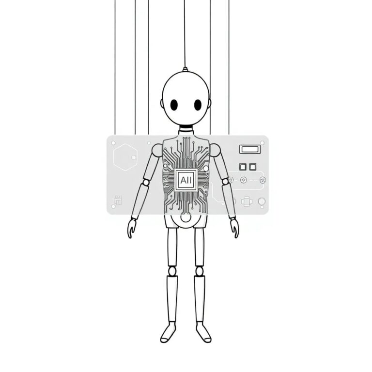 A marionette with a transparent control panel revealing a complex AI circuit board