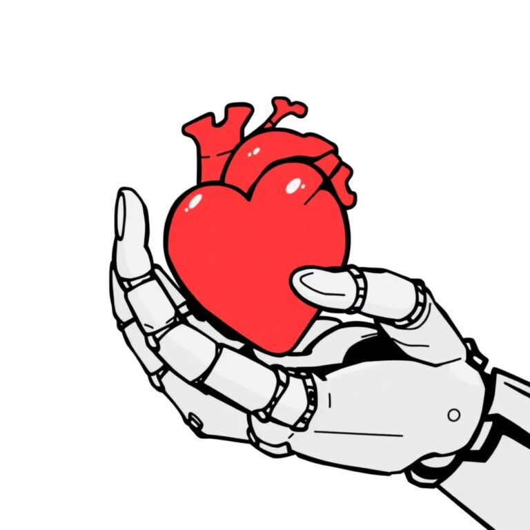 A robotic hand gently holding a human heart