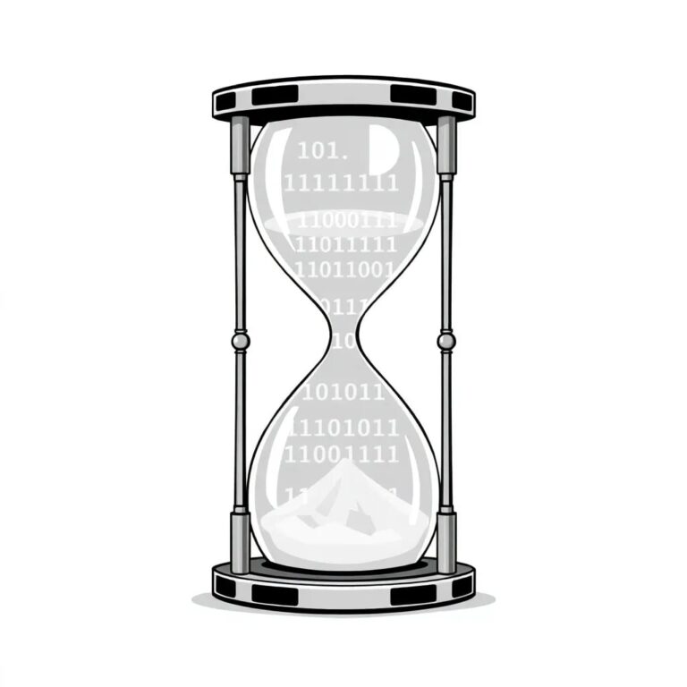 A futuristic, transparent hourglass filled with glowing binary code instead of sand