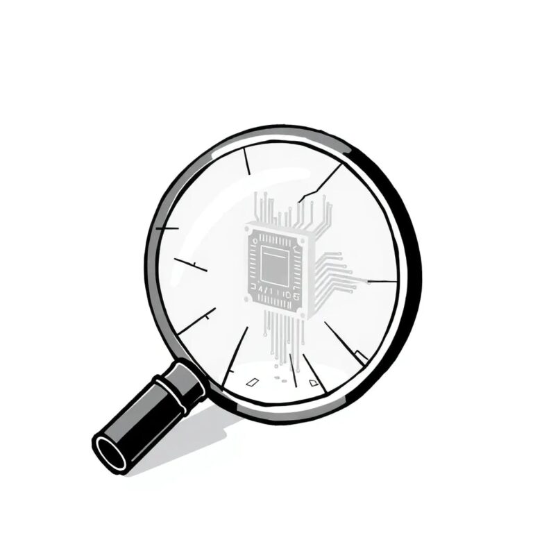 A shattered magnifying glass with a glowing circuit board embedded within