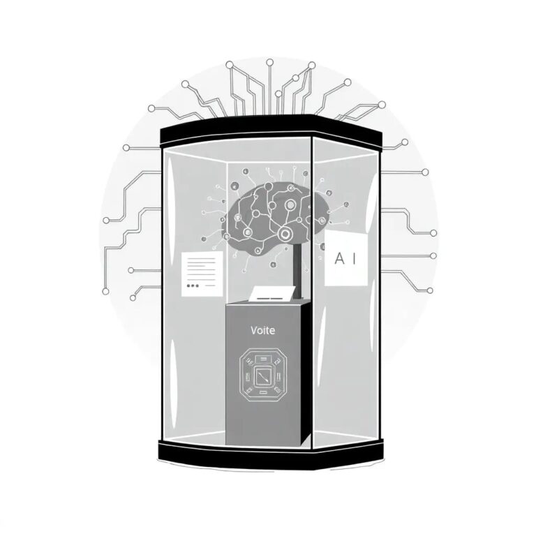 A futuristic, transparent voting booth with an integrated AI interface, displaying a digital brain network that pulses with data, surrounded by a halo of interconnected circuits representing the influence of AI on democratic processes.